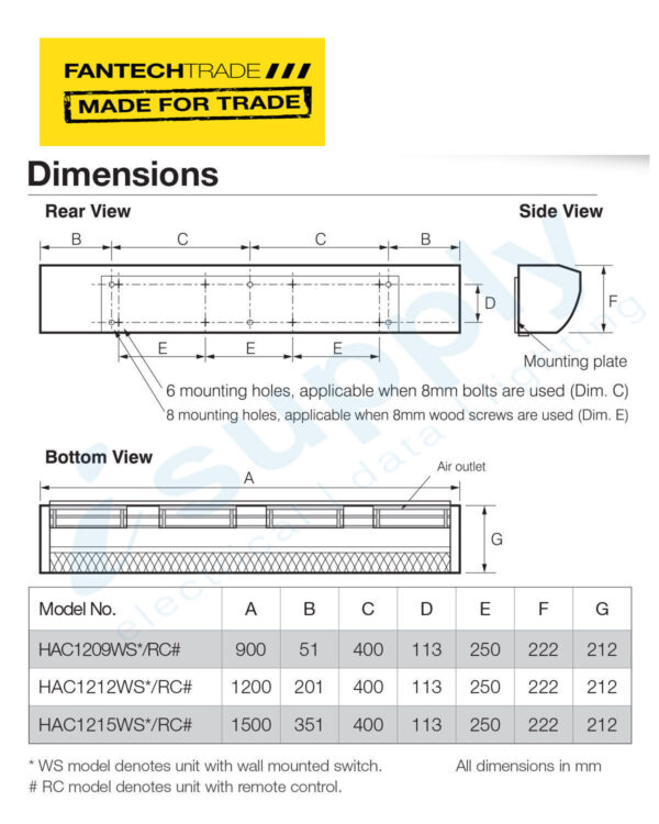 FANTECH Air Curtain wall switch 18m/sec 1500mm long HAC1215WS - Image 3
